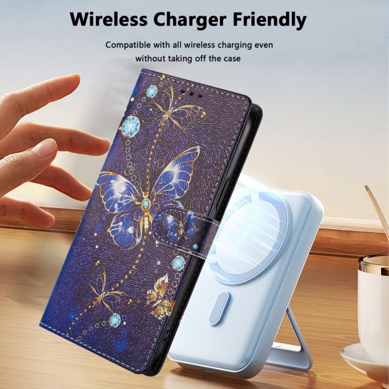 Folio Deksel Til Xiaomi 15t Pro Gull Og Blå Sommerfugler