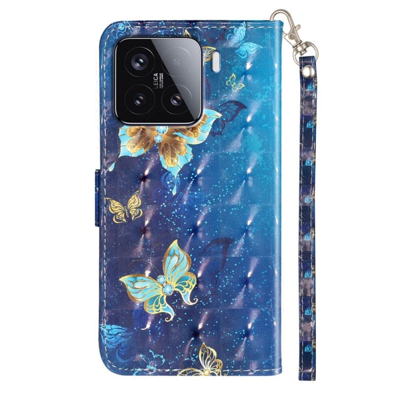 Folio Deksel Xiaomi 15t Pro Blå Og Gullfargede Sommerfugler