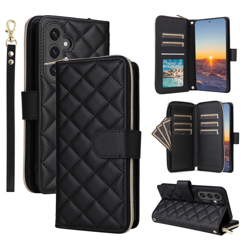 Lærdeksel Folio Deksel Samsung Galaxy S25 Fe Mobildeksel Vattert Med Rem Og Skulderrem