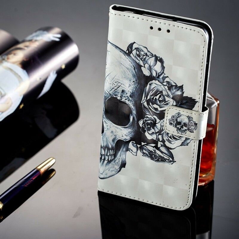 Folio Deksel Til Huawei P20 Pro 3d Blomsterhodeskalle