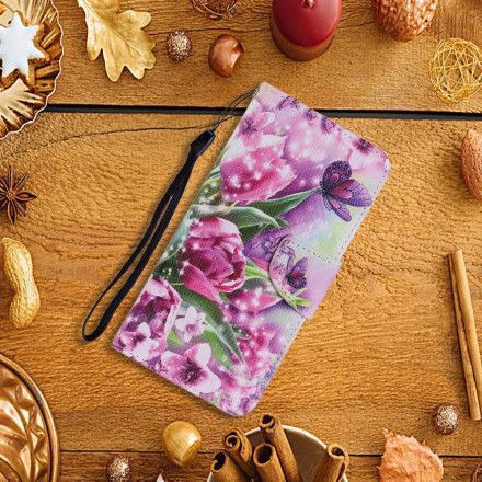 Folio Deksel Til Samsung Galaxy A22 4G Sommerfugler Og Tulipaner