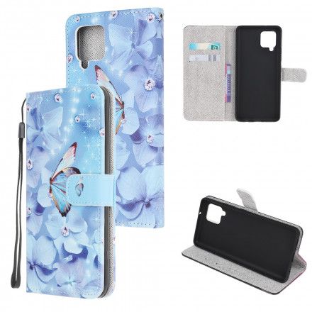 Lærdeksel Til Samsung Galaxy A22 4G Med Kjede Diamond Strappy Sommerfugler