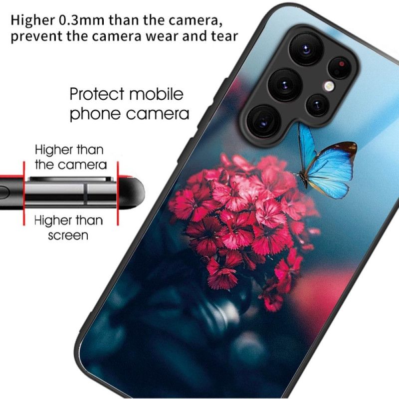 Deksel Samsung Galaxy S24 Ultra 5g Herdet Glassblomst Og Sommerfugler