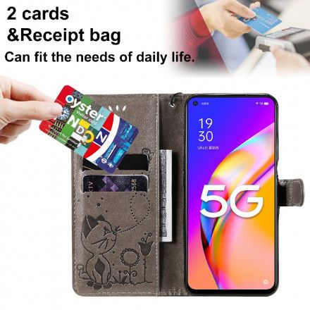 Lærdeksel Til Oppo A54 5G / A74 5G Med Kjede Thong Cat And Bee
