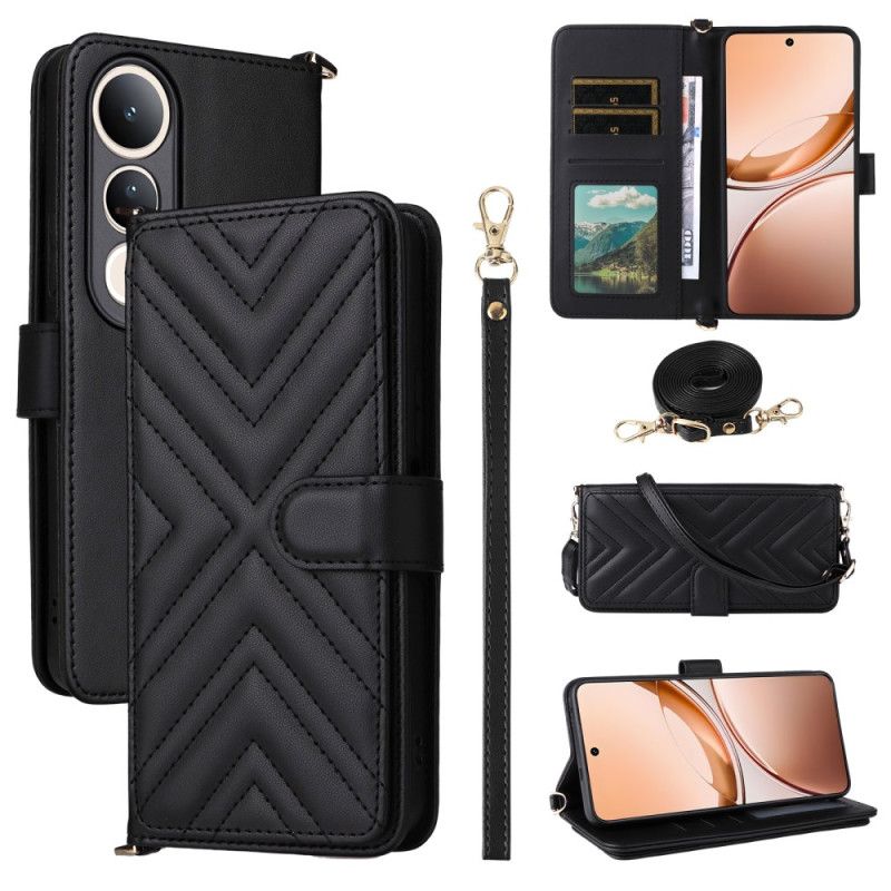 Folio Deksel Vivo V50 Lite 5g Vattert Med Snor Og Skulderstropp Beskyttelse Deksel