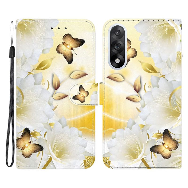 Folio Deksel Til Oneplus Nord 5 Gyldne Sommerfugler Og Hvite Blomster
