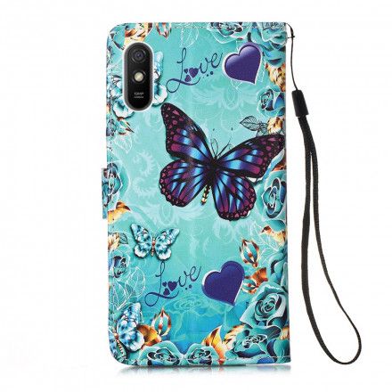 Folio Deksel Til Xiaomi Redmi 9A Med Kjede Elsker Sommerfugler Strappy