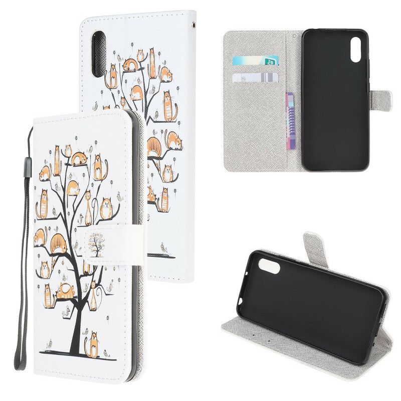 Folio Deksel Til Xiaomi Redmi 9A Med Kjede Funky Katter Med Stropp