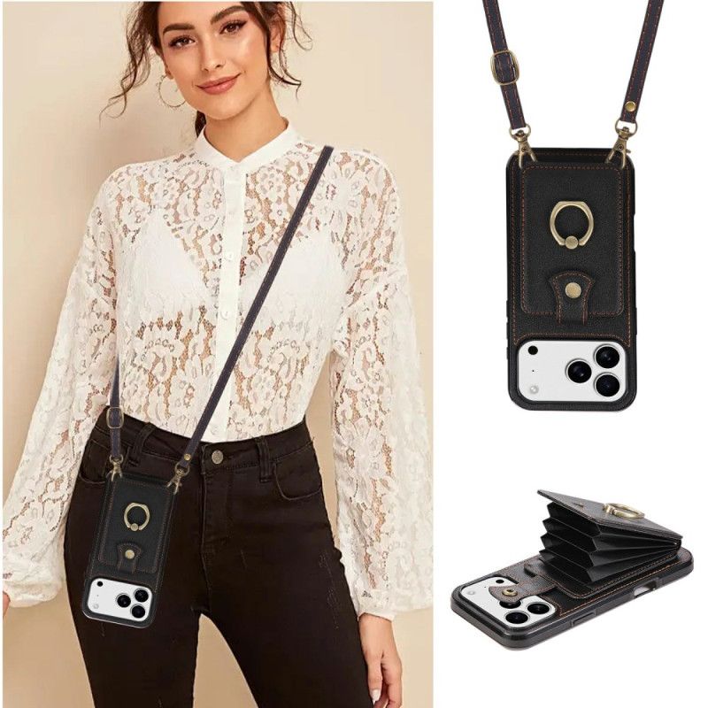 Deksel iPhone 17 Pro Max Mobildeksel Læreffekt Med Kortholder Og Håndleddsstropp