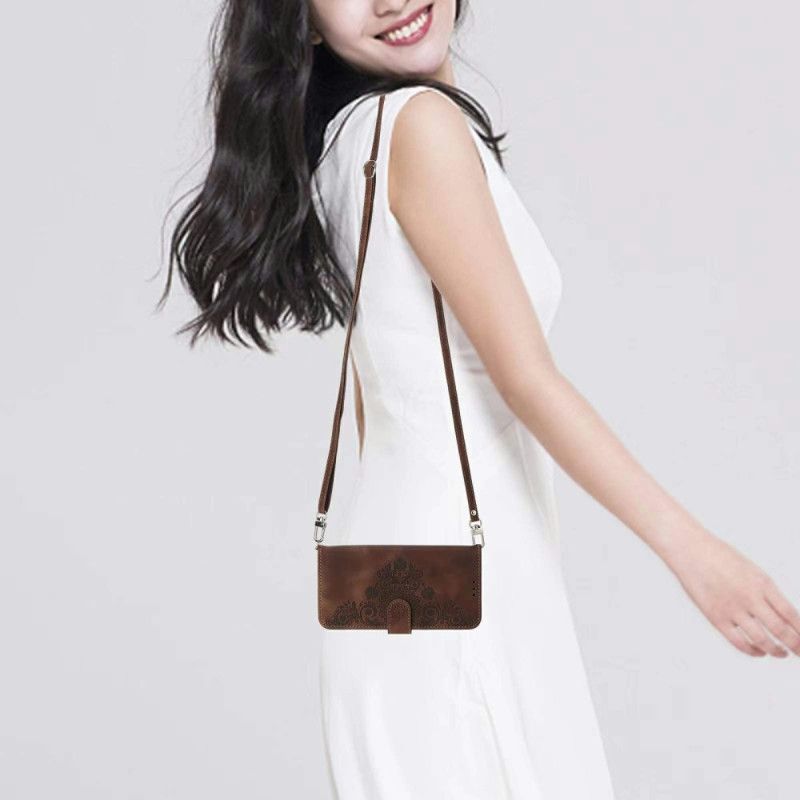 Folio Deksel Xiaomi 15 Pro Blomstermønster I Semsket Skinneffekt Med Stropp Og Skulderstropp