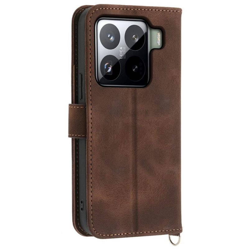 Folio Deksel Xiaomi 15 Pro Blomstermønster I Semsket Skinneffekt Med Stropp Og Skulderstropp