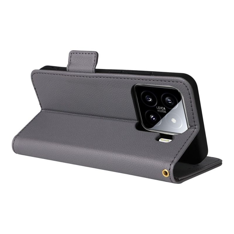 Lærdeksel Folio Deksel Xiaomi 15 Pro Litchi-imitasjon I Lær Med Stropp