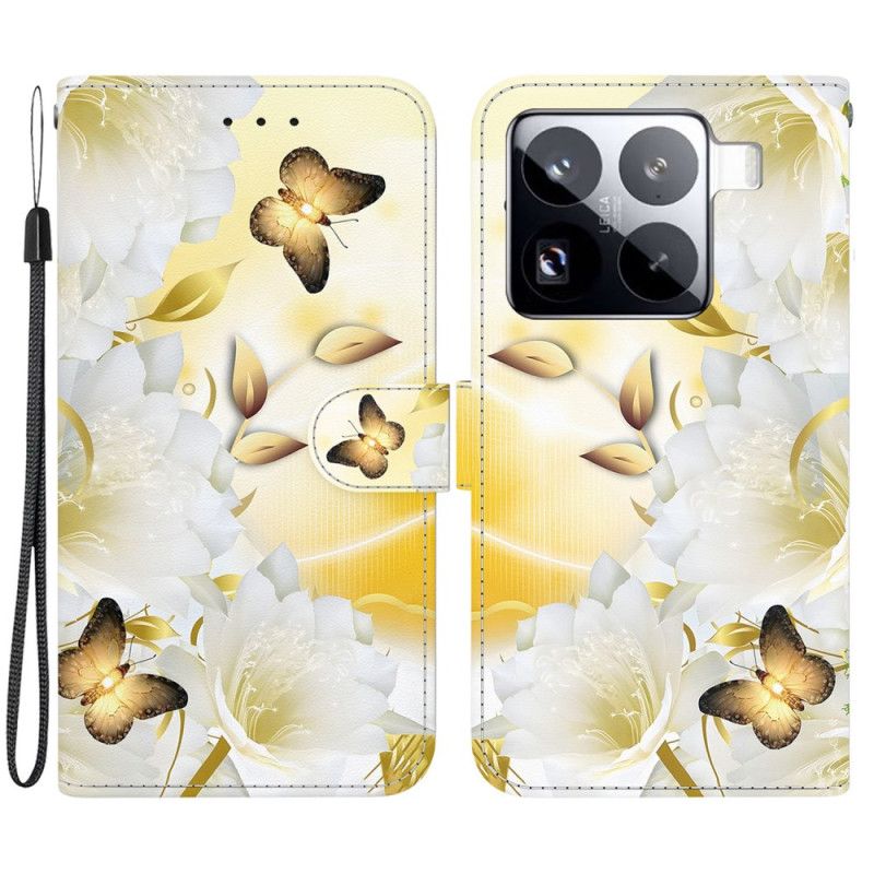 Lærdeksel Folio Deksel Xiaomi 15 Pro Mobildeksel Gullsommerfugler Og Hvite Blomster