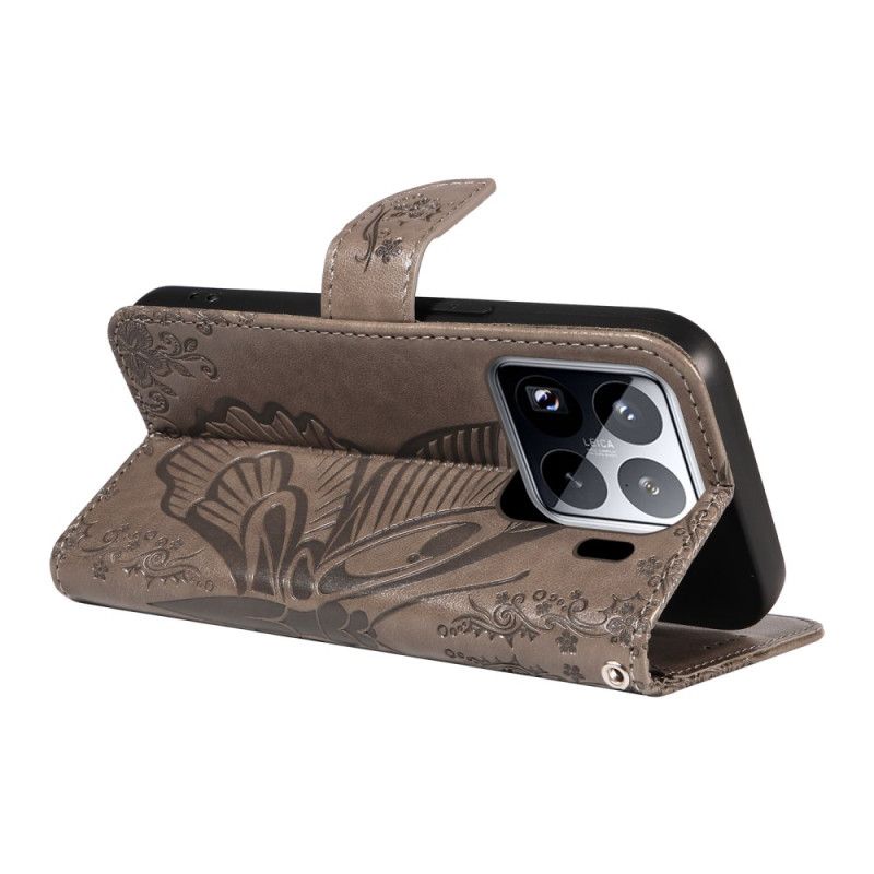 Lærdeksel Folio Deksel Xiaomi 15 Pro Mobildeksel Sommerfugldesign