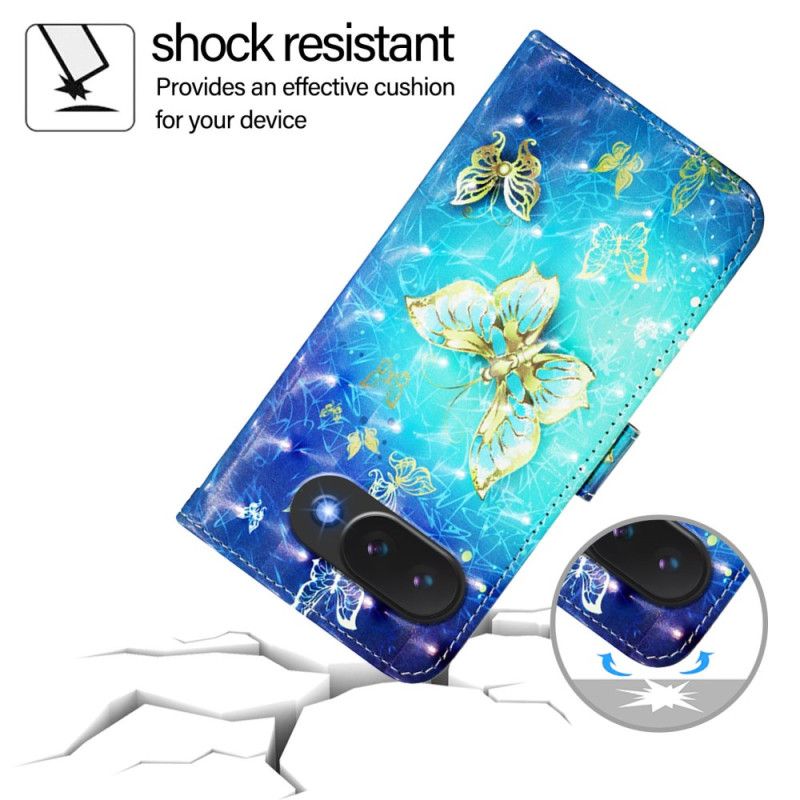 Lærdeksel Folio Deksel Google Pixel 10a Mobildeksel Gyldne Sommerfugler