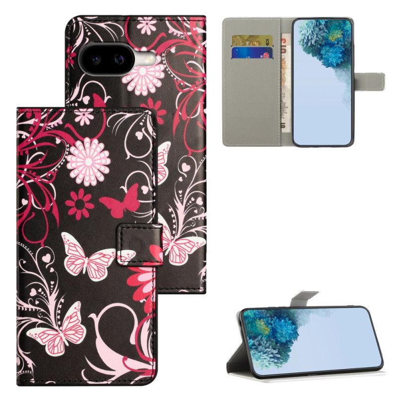 Lærdeksel Folio Deksel Google Pixel 10a Mobildeksel Sommerfugler På Svart Bakgrunn