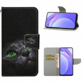 Folio Deksel Til Xiaomi Mi 10T Lite / Redmi Note 9 Pro 5G Green Eyed Cat With Lanyard