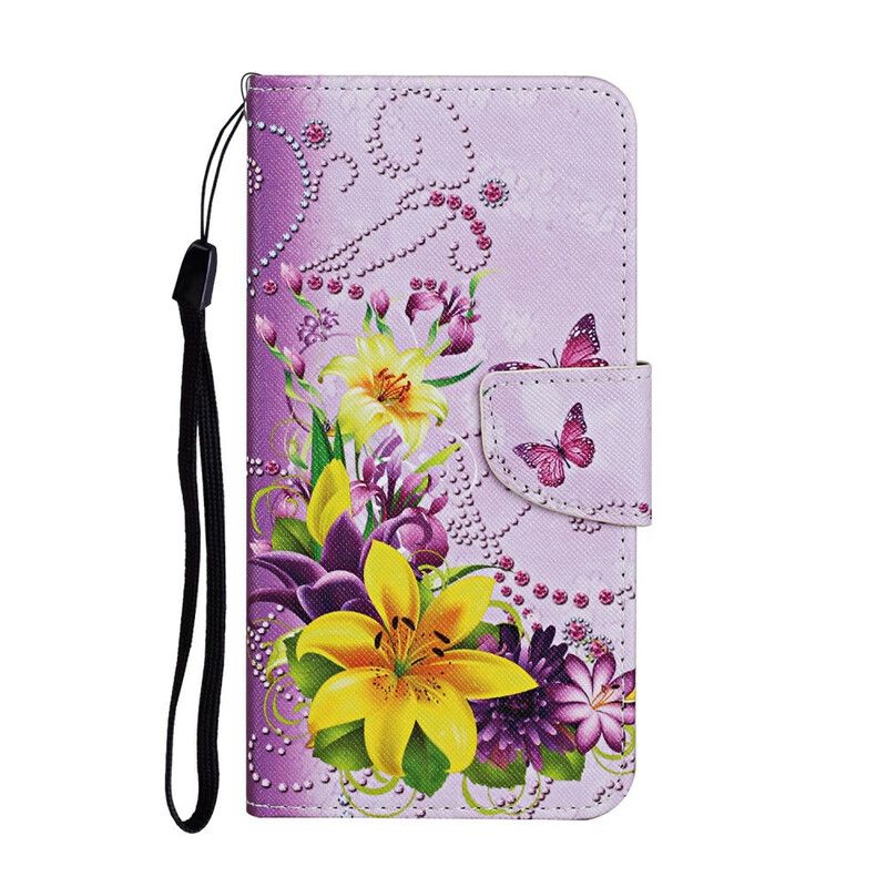 Folio Deksel Til Xiaomi Redmi 9C Med Kjede Sommerfugler Og Sørlige Blomster Strappy