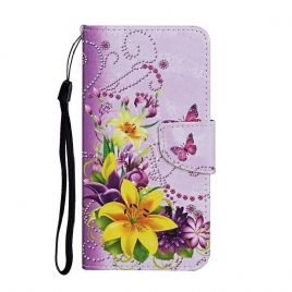 Folio Deksel Til Xiaomi Redmi 9C Med Kjede Sommerfugler Og Sørlige Blomster Strappy