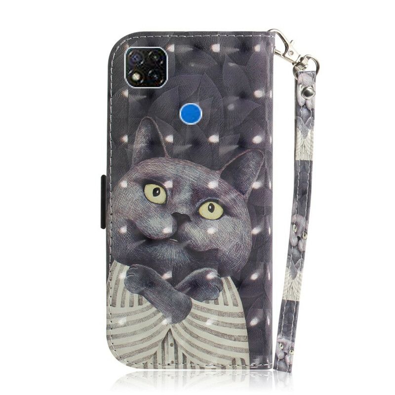 Lærdeksel Til Xiaomi Redmi 9C Med Kjede Grå Strappy Cat