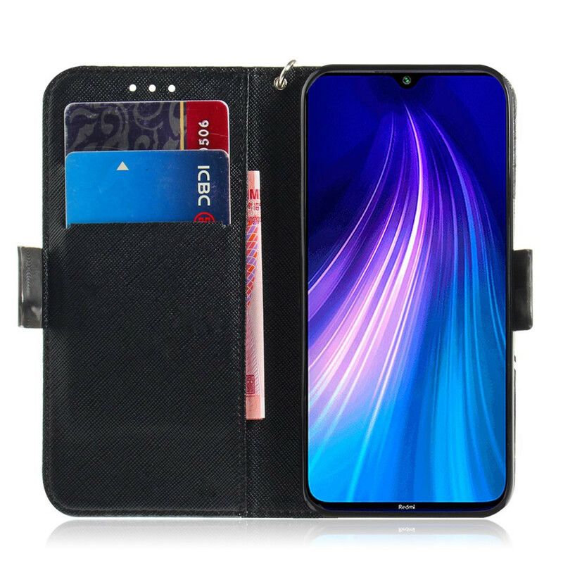 Folio Deksel Til Xiaomi Redmi Note 8 Med Kjede Grå Strappy Cat
