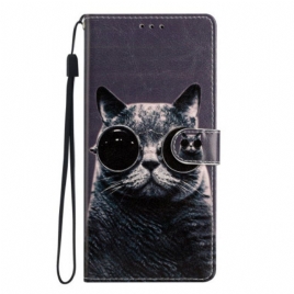 Folio Deksel Til Moto G73 5G Med Kjede Strappy Glasses Cat