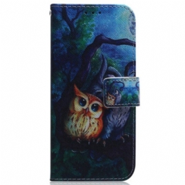 Folio Deksel Til Samsung Galaxy M13 Med Kjede Strappy Owls Maleri