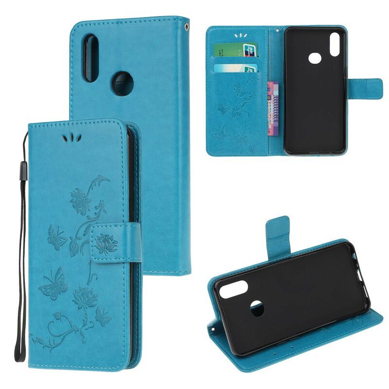 Lærdeksel Til Samsung Galaxy A10s Med Kjede Thong Sommerfugler Og Blomster