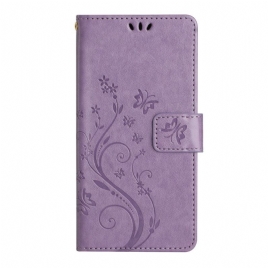 Lærdeksel Til Samsung Galaxy A54 5G Med Kjede Blomster Og Sommerfugler Med Stropp