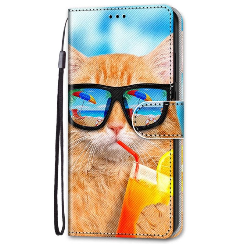 Folio Deksel Til Samsung Galaxy S22 Plus 5G Med Kjede Thong Sun Cat