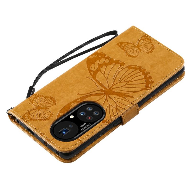 Folio Deksel Til Huawei P50 Pro Med Kjede Gigant Strappy Sommerfugler