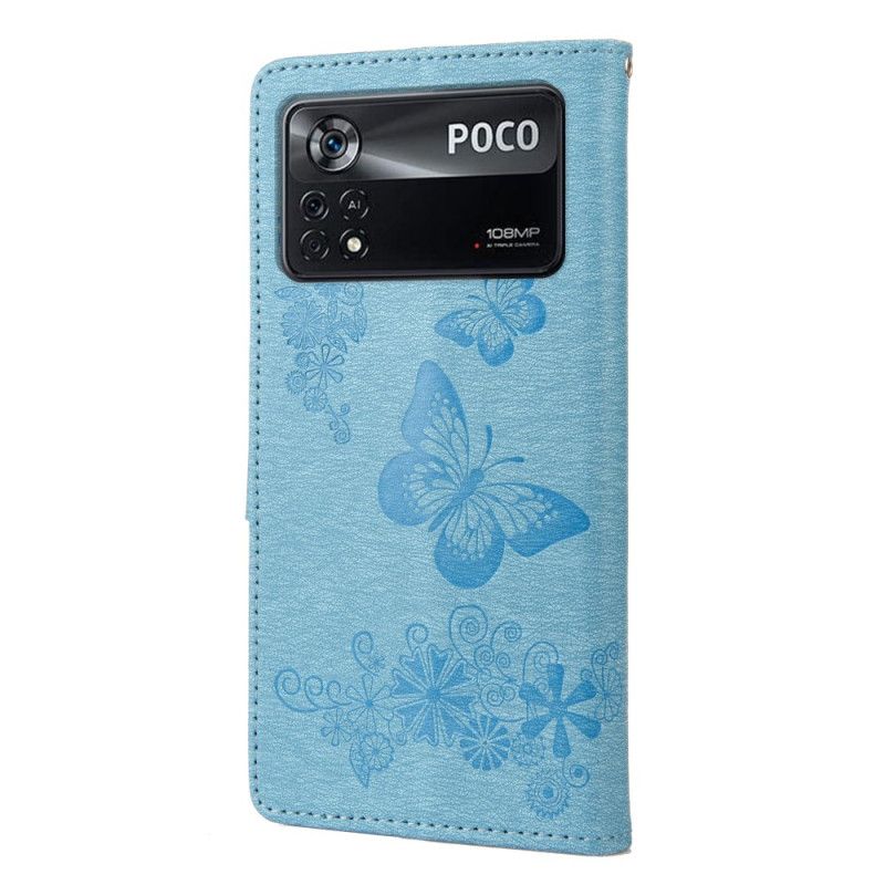 Folio Deksel Til Poco X4 Pro 5G Med Kjede Flotte Stroppsommerfugler