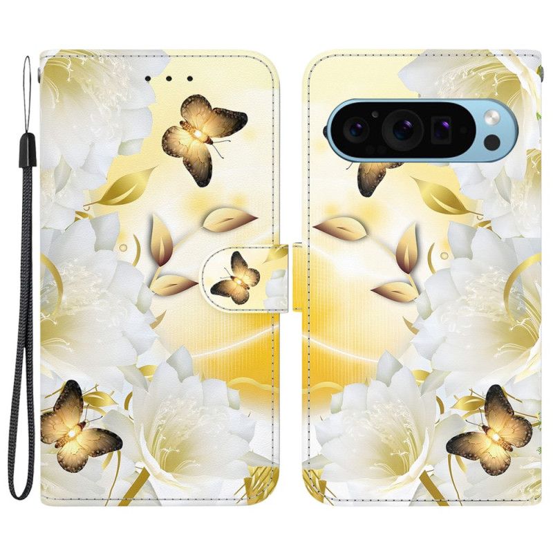 Folio Deksel Til Google Pixel 9 Gylne Sommerfugler Og Hvite Blomster Med Stropp