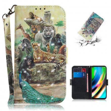 Folio Deksel Til Moto G9 Plus Med Kjede Thong Safari-dyr