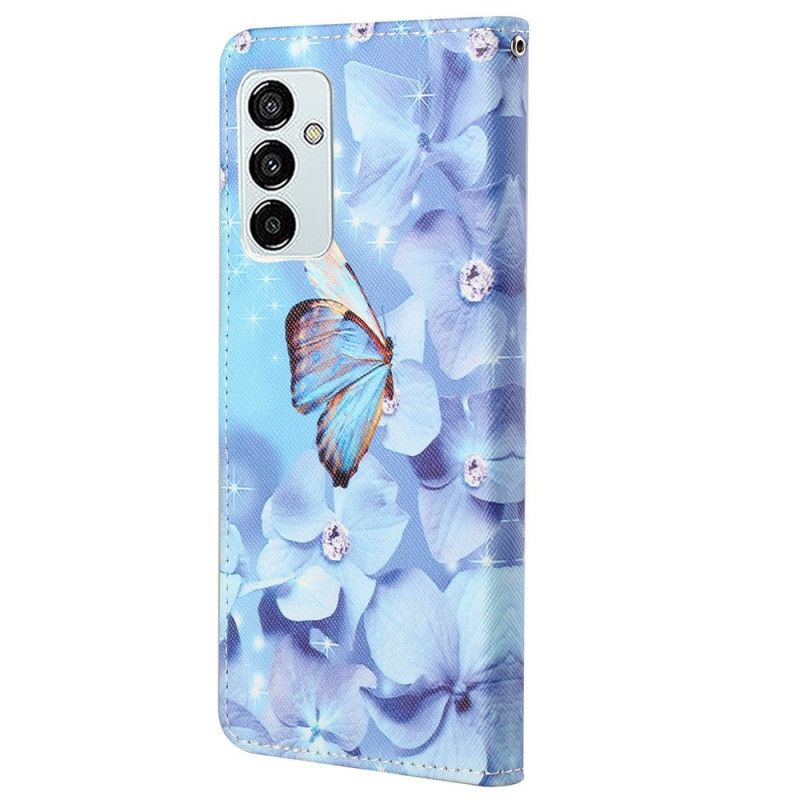 Folio Deksel Til Samsung Galaxy M23 5G Med Kjede Diamant Stropp Sommerfugler