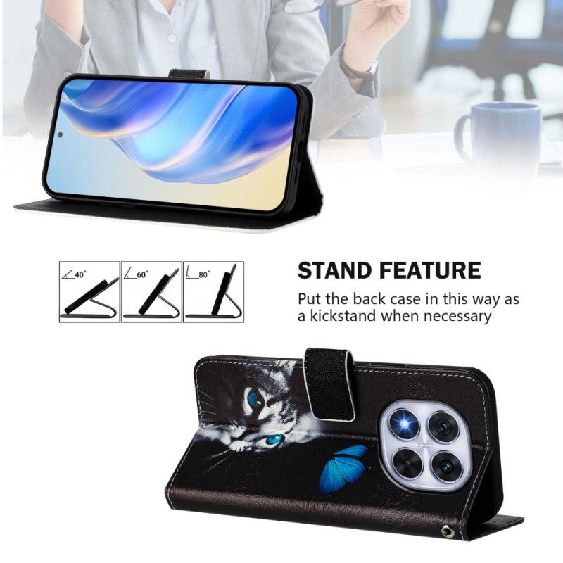 Lærdeksel Folio Deksel Xiaomi Redmi Note 14 Pro Plus 5g Mobildeksel Sommerfugl- Og Kattemønster