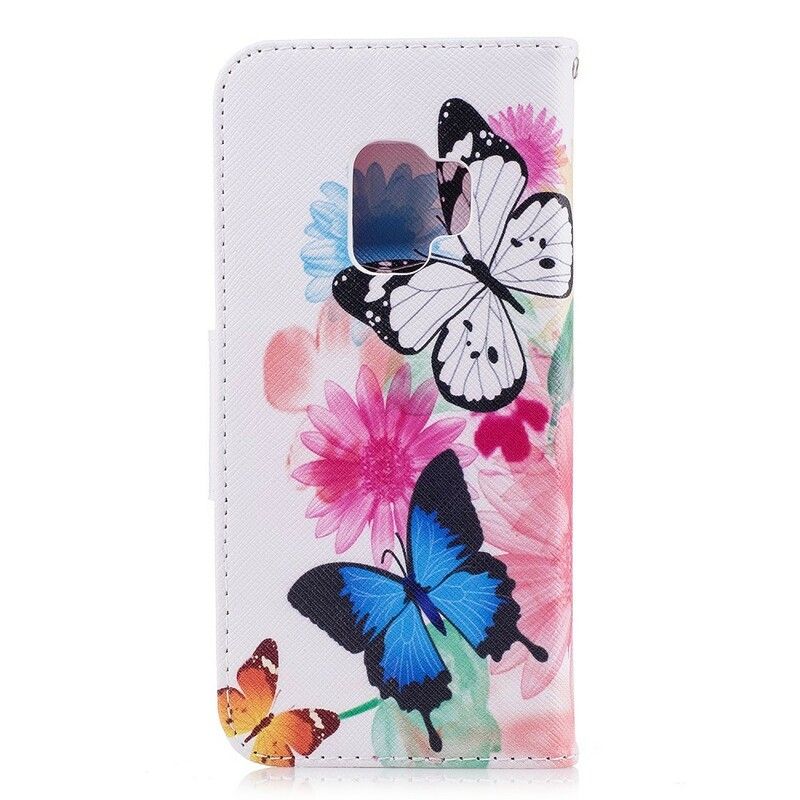 Folio Deksel Til Samsung Galaxy S9 Malede Sommerfugler Og Blomster
