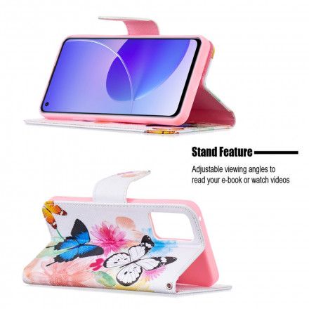 Folio Deksel Til Oppo Reno 6 5G Malede Sommerfugler Og Blomster