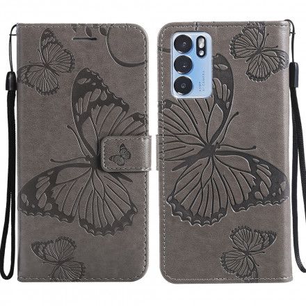 Folio Deksel Til Oppo Reno 6 5G Med Kjede Gigant Strappy Sommerfugler