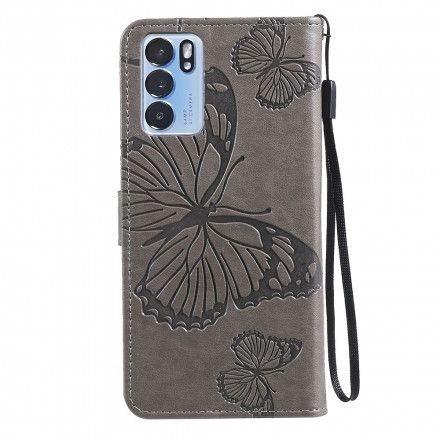Folio Deksel Til Oppo Reno 6 5G Med Kjede Gigant Strappy Sommerfugler