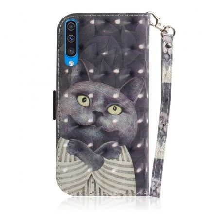 Lærdeksel Til Samsung Galaxy A50 Med Kjede Grå Strappy Cat