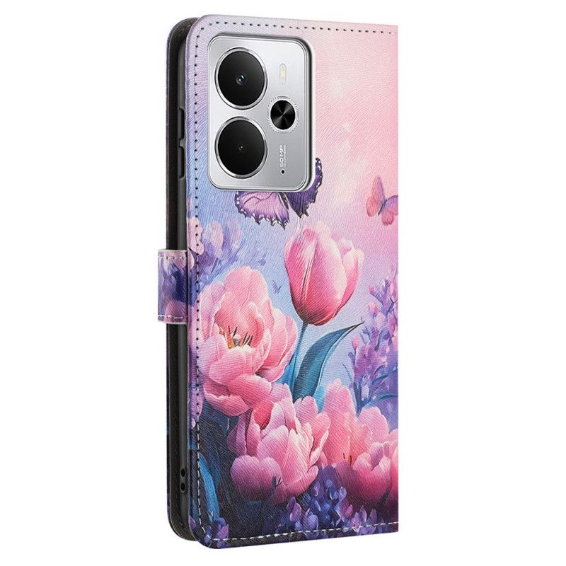 Folio Deksel Realme 14t 5g Rosa Blomster Og Sommerfugler