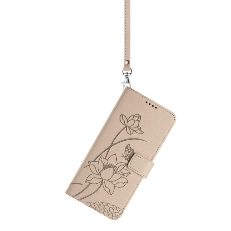 Folio Deksel Poco C85 Lotusmønster Med Stropp Beskyttelse Deksel