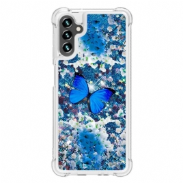 Deksel Til Samsung Galaxy A13 5G Blå Glittersommerfugler