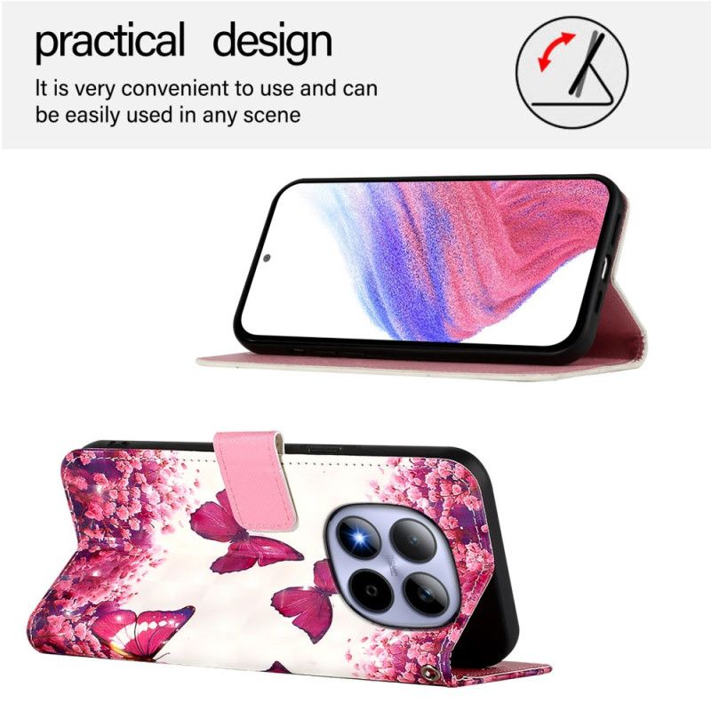 Lærdeksel Folio Deksel Xiaomi Redmi Note 15 Pro 5g Mobildeksel Rosa Sommerfugler