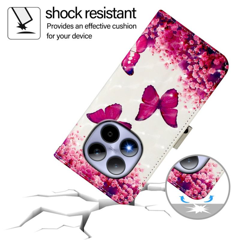 Lærdeksel Folio Deksel Xiaomi Redmi Note 15 Pro 5g Mobildeksel Rosa Sommerfugler