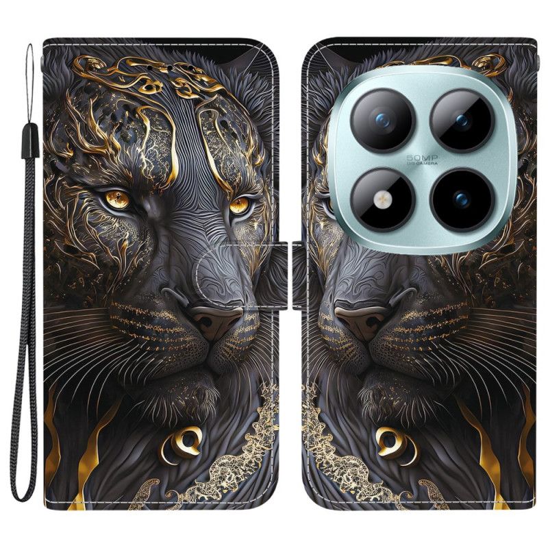 Lærdeksel Folio Deksel Xiaomi Redmi Note 15 Pro 5g Mobildeksel Svart Og Gull Løve