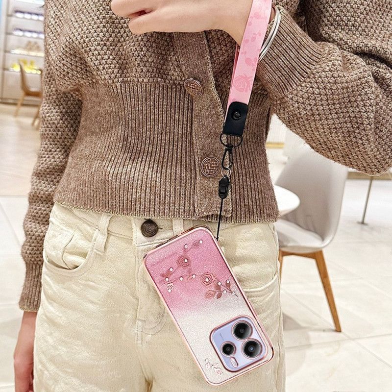 Deksel Xiaomi Redmi Note 14 4g Rhinsten Og Blomster Med Snor