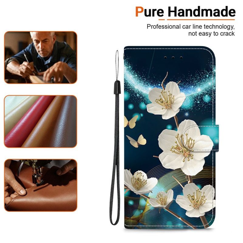 Folio Deksel Xiaomi Redmi Note 14 4g Hvite Magnoliaer Beskyttelse Deksel