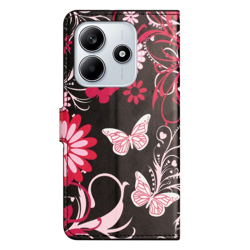 Folio Deksel Xiaomi Redmi Note 14 4g Sommerfugler På Svart Bakgrunn Beskyttelse Deksel